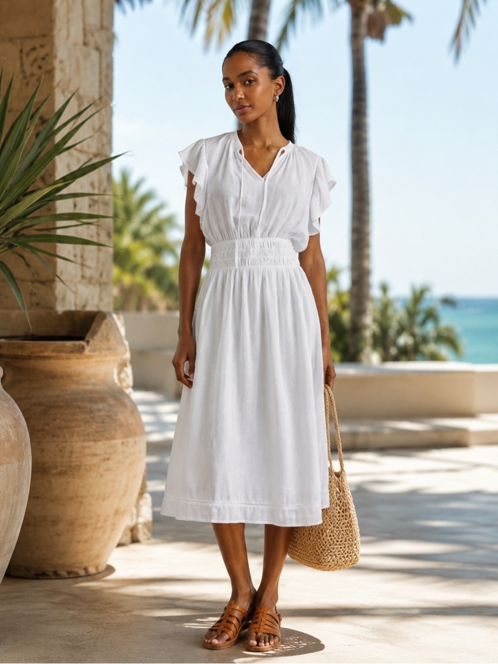 Anthropologie Rails Iona White Lace Linen Cotton Midi Dress M Ruffle Sleeve